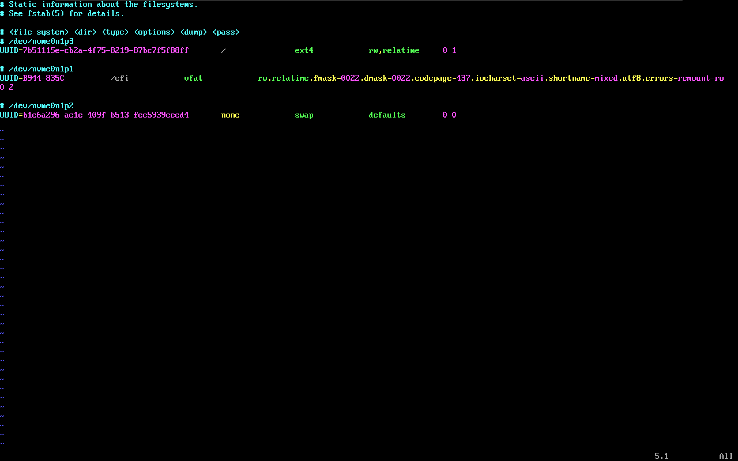 使用 vim 手动编辑 fstab